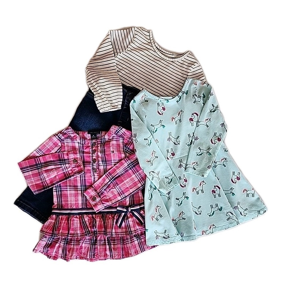 Toddler Girls Lot of 4 Lot Size 3T‎ Unicorn Dress Jeans Stripe Plaid Tops Casual